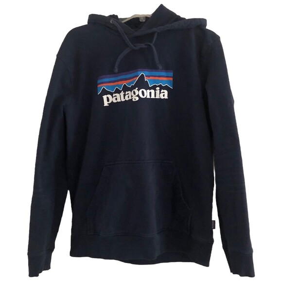 Patagonia P-6 Logo Uprisal Hoodie Sweatshirt Sz M Navy Blue Fitz Roy Thrashed - Picture 2 of 14
